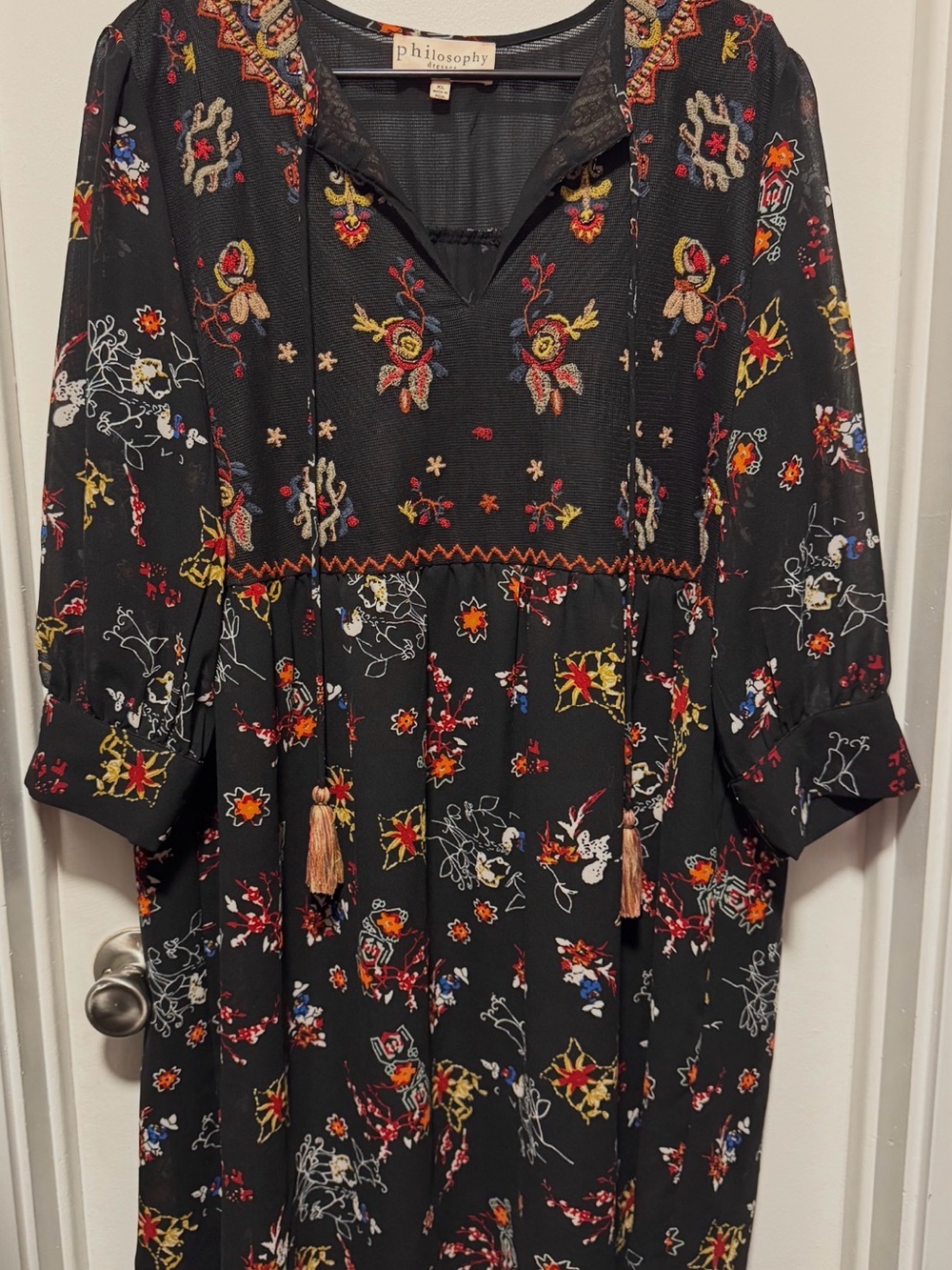 Philosophy Black Floral Embroidered Midi Dress